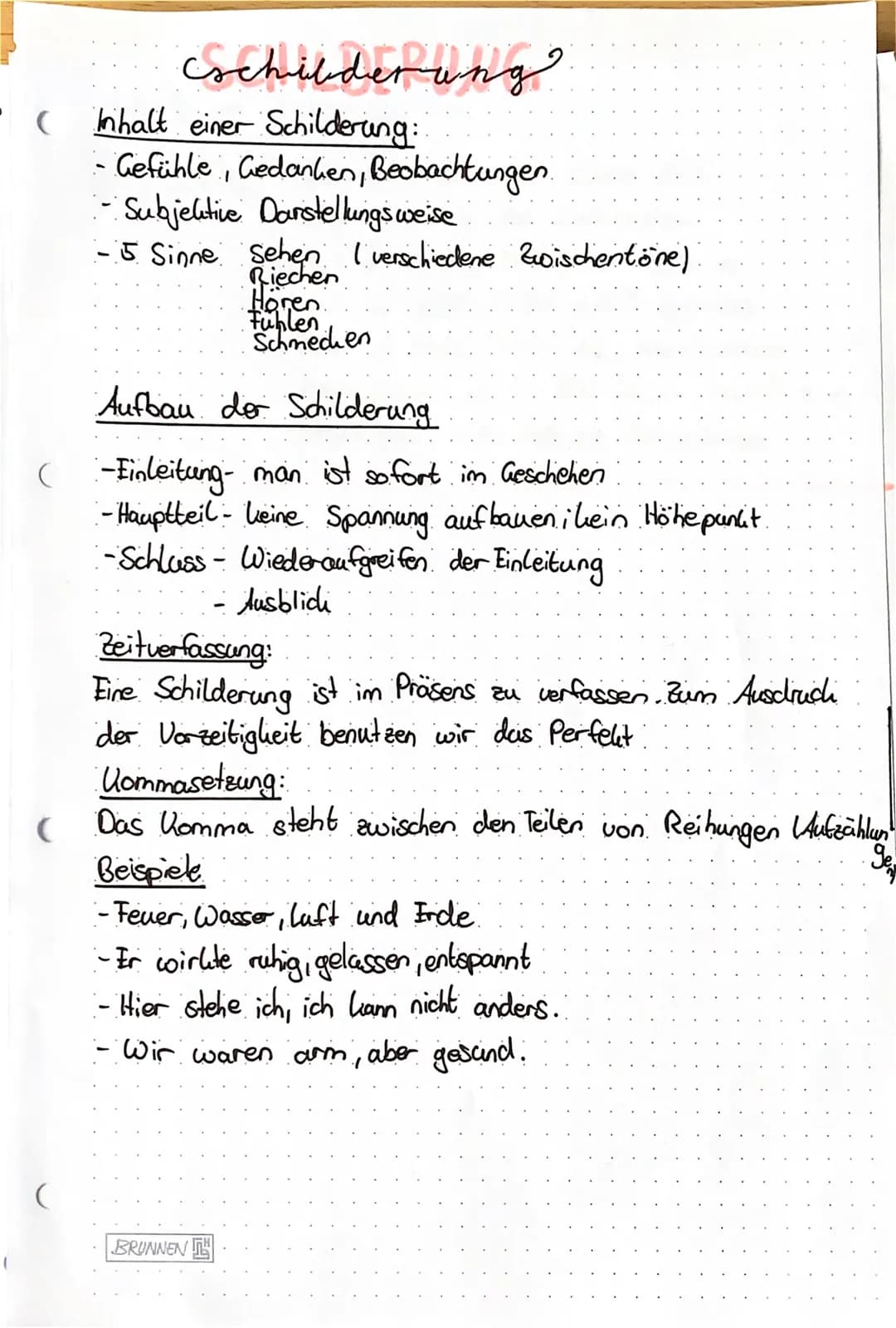 (
Eschilderung
Inhalt einer Schildering:
- Gefühle, Gedanken, Beobachtungen.
- Subjektive Darstellungsweise
- 5 Sinne Sehen I verschiedene Z