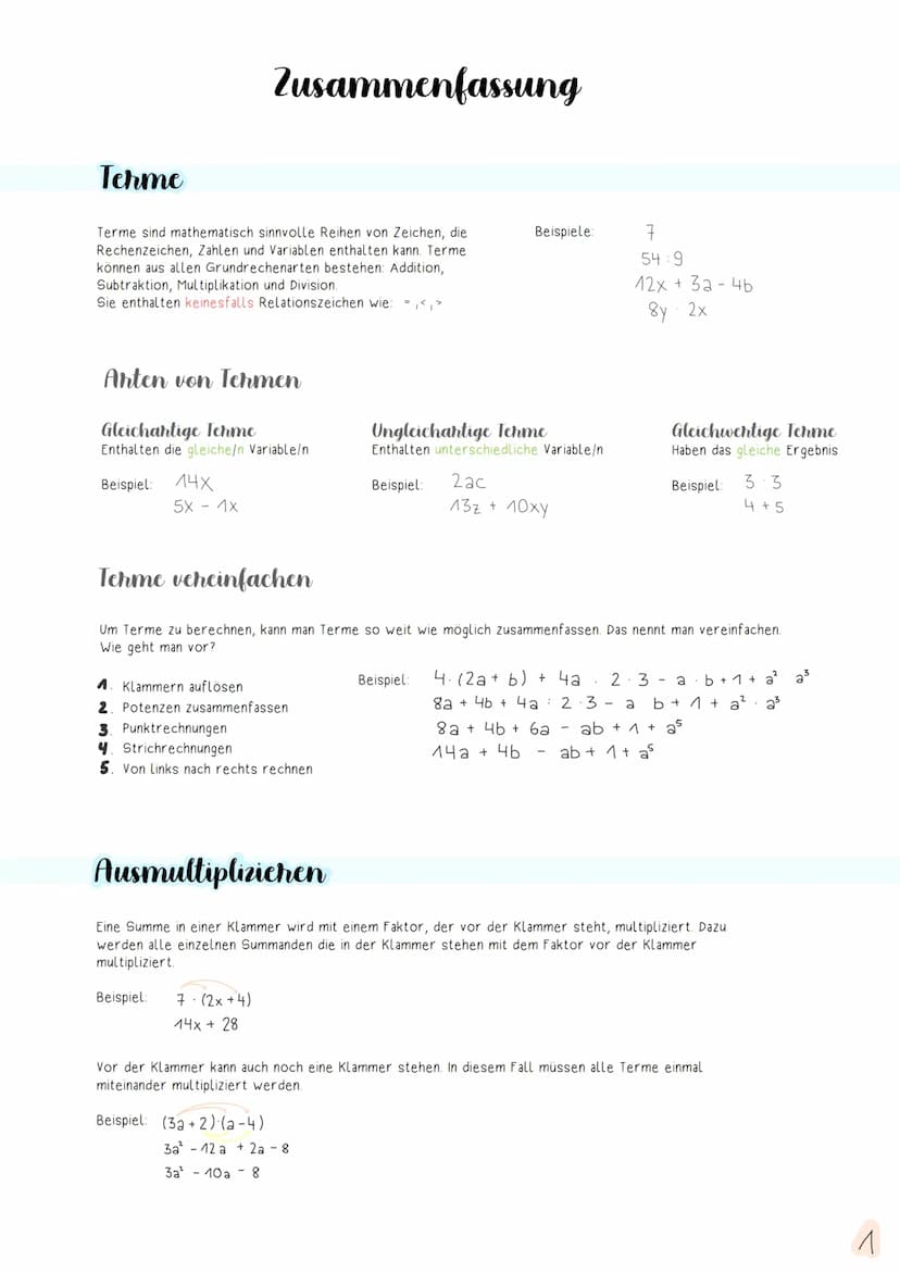 Inhaltsverzeichnis
Rechengrundlagen
Terme.
Ausmultiplizieren.
Summen multiplizieren.
Klammern auflösen
Plusklammer
Minusklammer
Ausklammern.