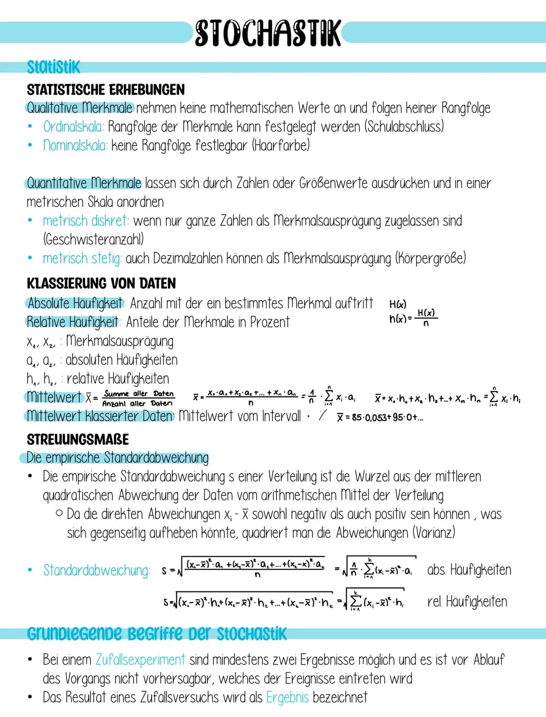 Statistik
STATISTISCHE ERHEBUNGEN
Qualitative Merkmale nehmen keine mathematischen Werte an und folgen keiner Rangfolge
Ordinalskala: Rangfo