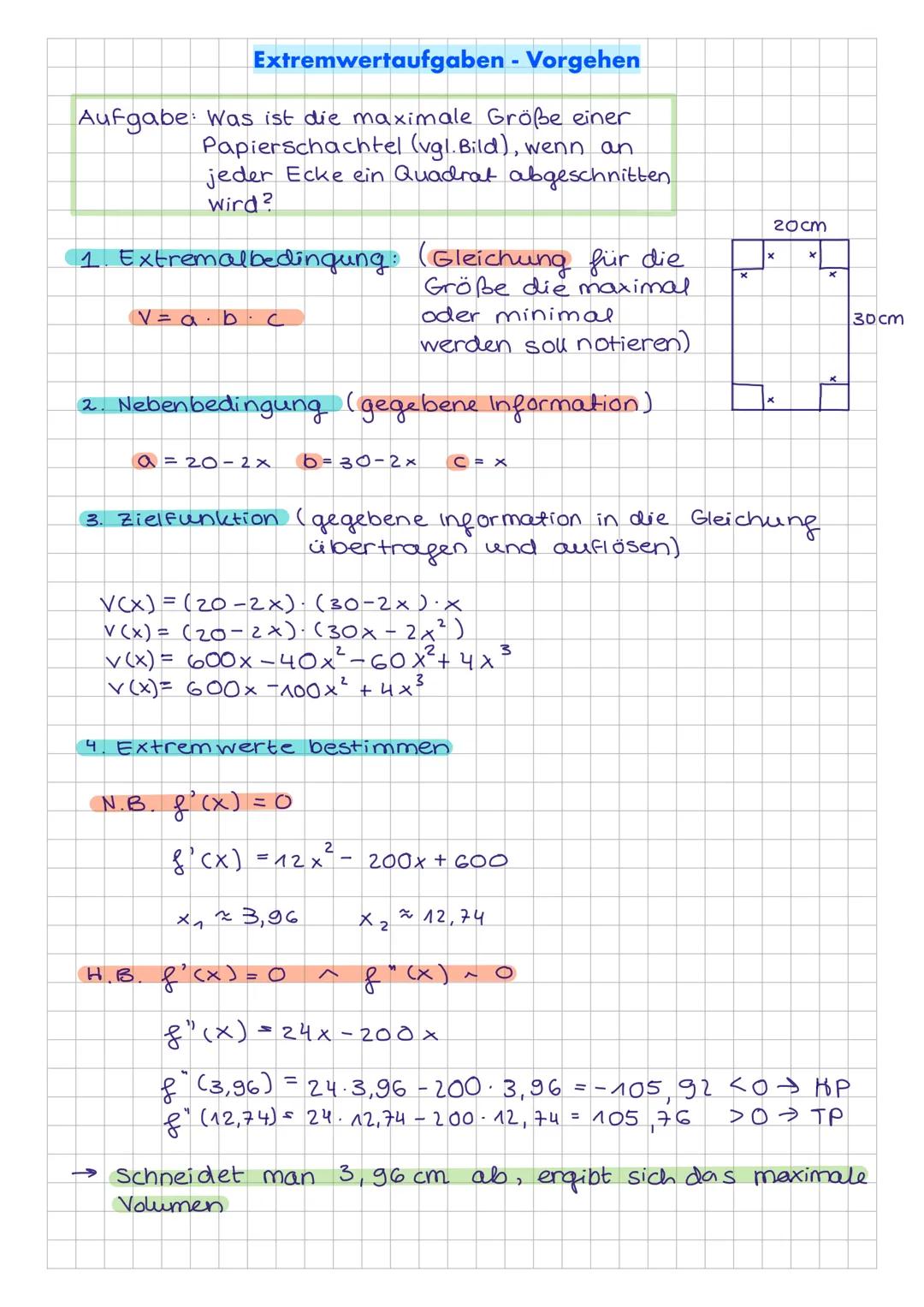 Extremwertaufgaben - Vorgehen
Aufgabe: Was ist die maximale Größe einer
Papierschachtel (vgl. Bild), wenn an
jeder Ecke ein Quadrat abgeschn