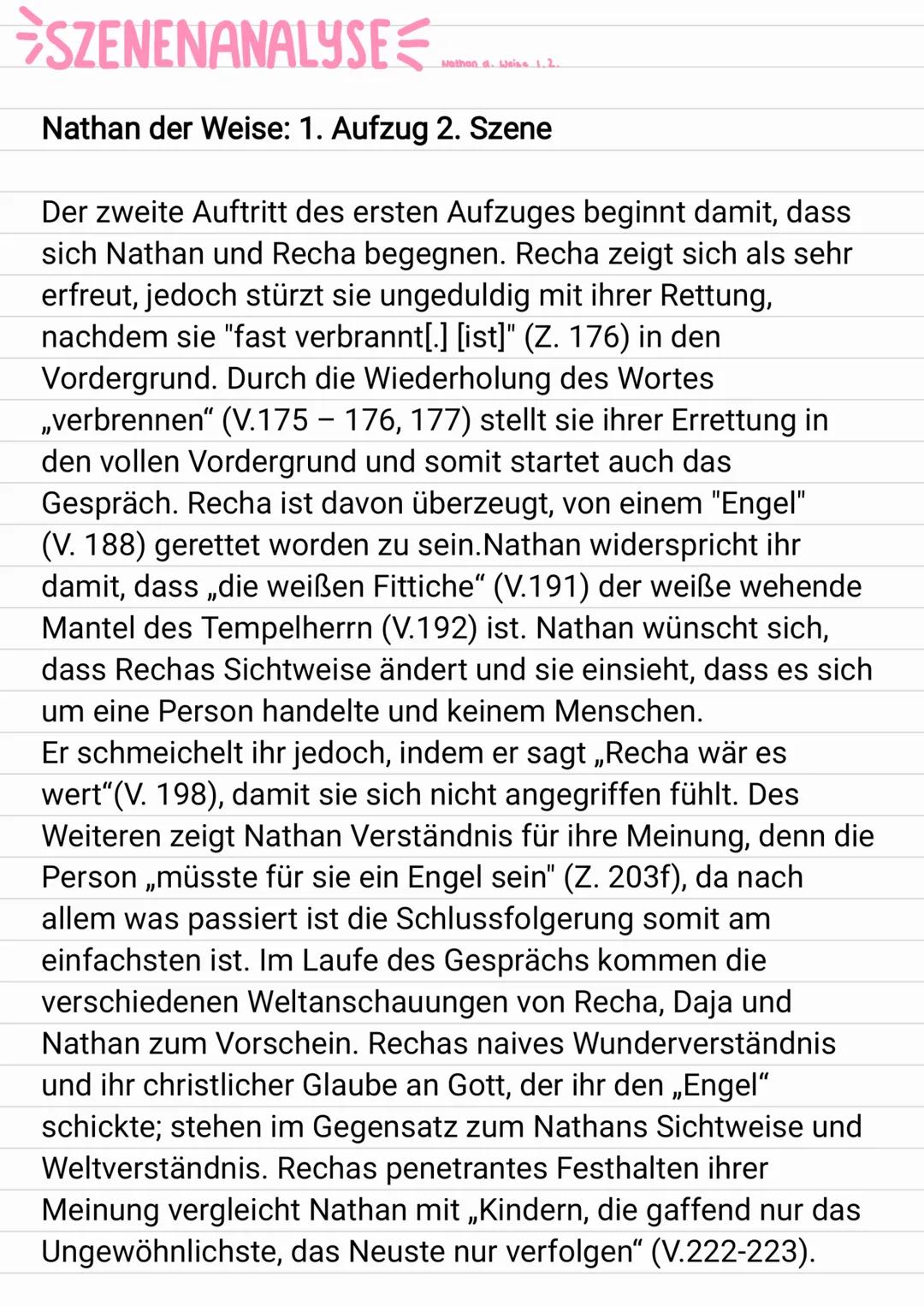 SZENENANALYSE
Nathan der Weise: 1. Aufzug 2. Szene
Der zweite Auftritt des ersten Aufzuges beginnt damit, dass
sich Nathan und Recha begegne