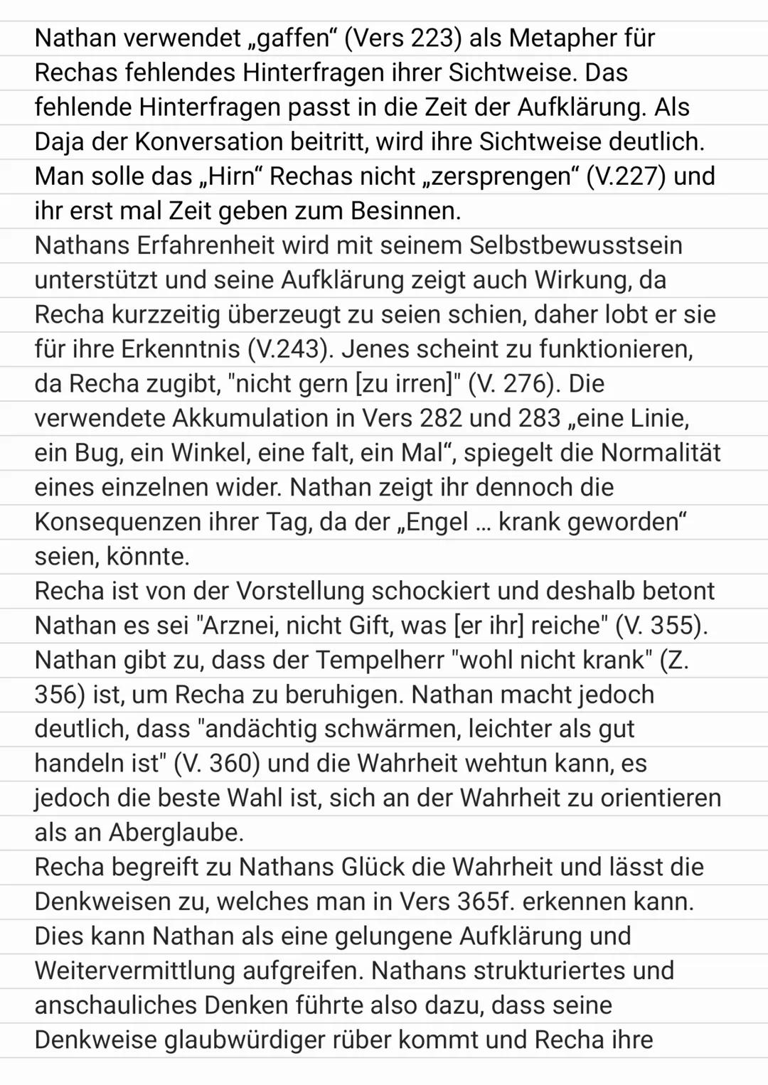 SZENENANALYSE
Nathan der Weise: 1. Aufzug 2. Szene
Der zweite Auftritt des ersten Aufzuges beginnt damit, dass
sich Nathan und Recha begegne