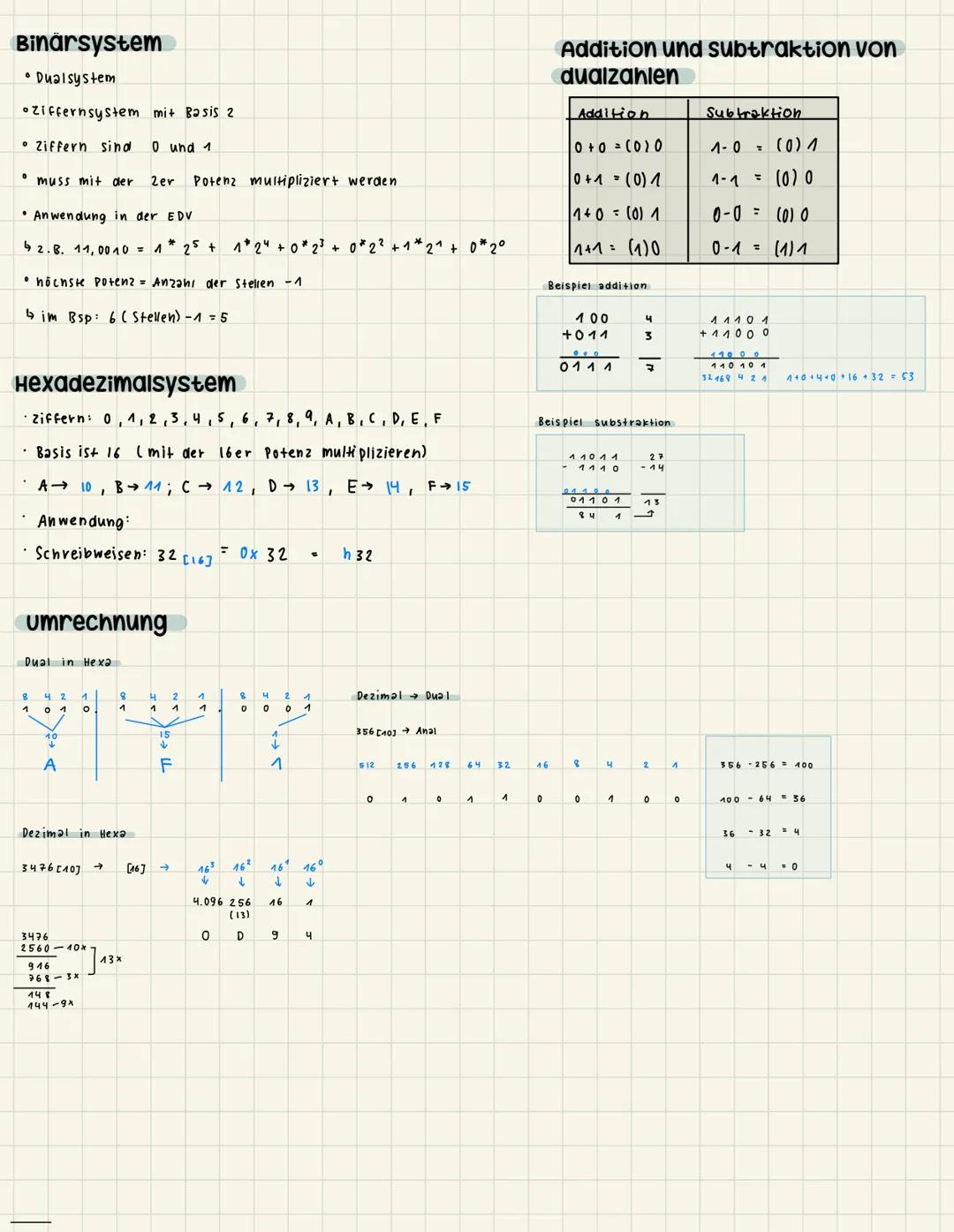 Binärsystem
• Dualsystem
•Ziffernsystem mit Basis 2
Ziffern sind 0 und 1
muss mit der 2er Potenz multipliziert werden
• Anwendung in der EDV