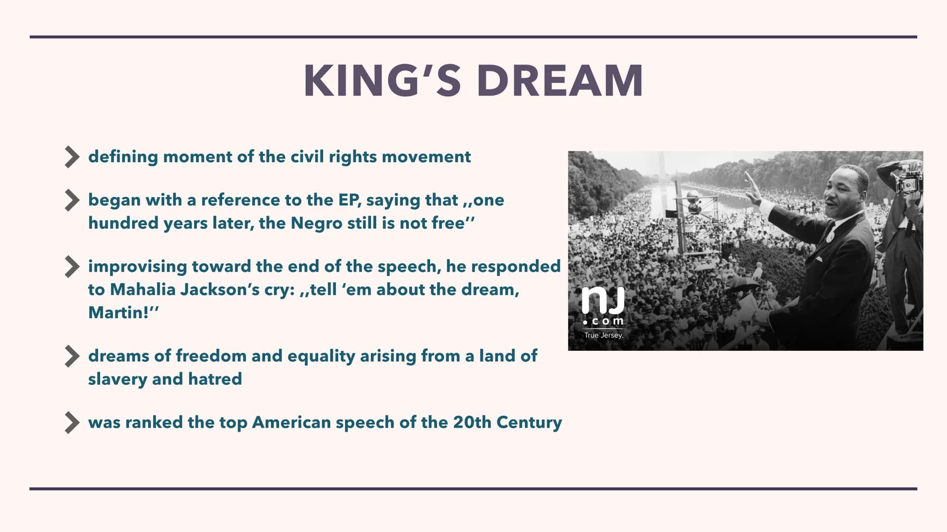 MARTIN LUTHER KING JR. Biography
Education
Spiritual Development
Politcal Activism
STRUCTURE
> King's Dream
Has King's Dream come true?
Sour