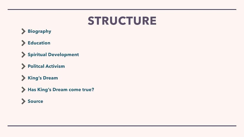 MARTIN LUTHER KING JR. Biography
Education
Spiritual Development
Politcal Activism
STRUCTURE
> King's Dream
Has King's Dream come true?
Sour
