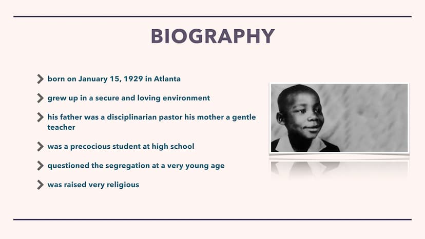MARTIN LUTHER KING JR. Biography
Education
Spiritual Development
Politcal Activism
STRUCTURE
> King's Dream
Has King's Dream come true?
Sour