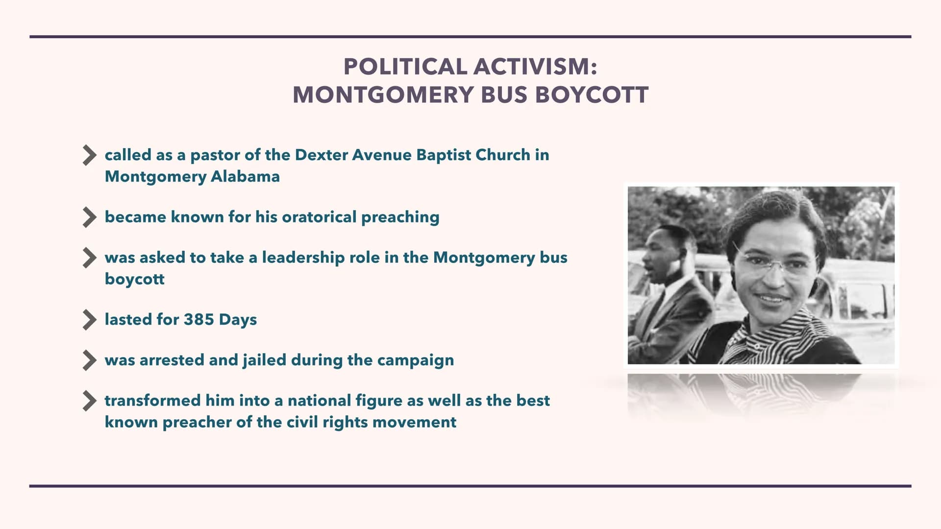MARTIN LUTHER KING JR. Biography
Education
Spiritual Development
Politcal Activism
STRUCTURE
> King's Dream
Has King's Dream come true?
Sour