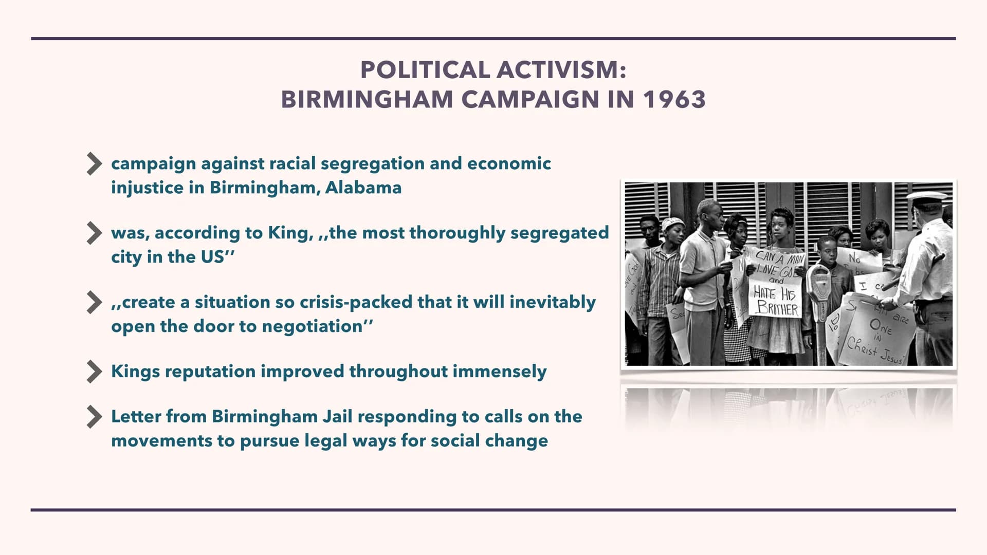 MARTIN LUTHER KING JR. Biography
Education
Spiritual Development
Politcal Activism
STRUCTURE
> King's Dream
Has King's Dream come true?
Sour