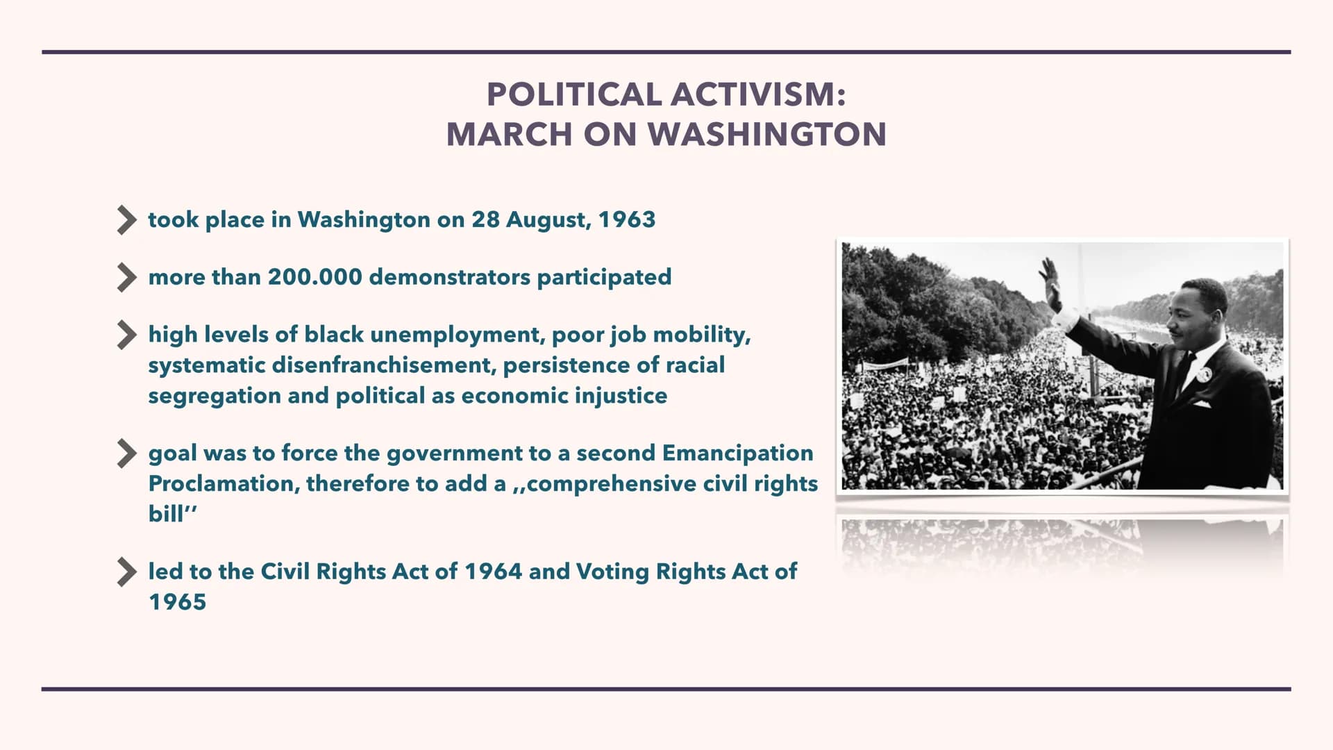 MARTIN LUTHER KING JR. Biography
Education
Spiritual Development
Politcal Activism
STRUCTURE
> King's Dream
Has King's Dream come true?
Sour