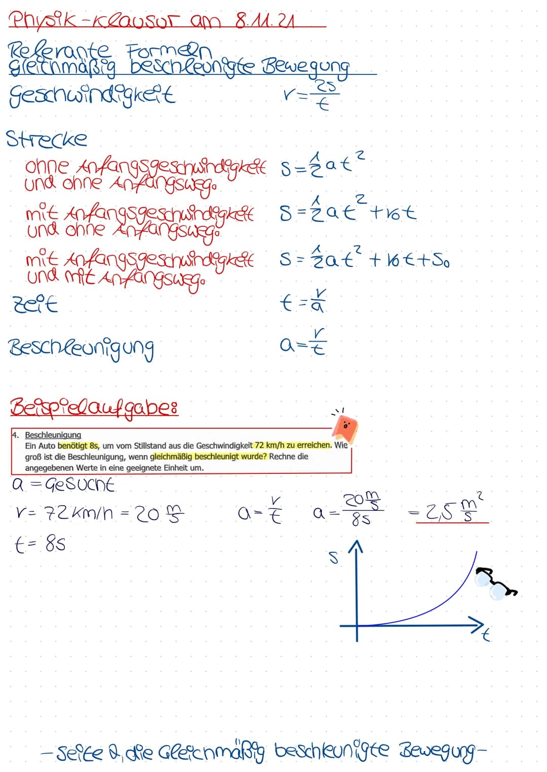 Physik -klausor am 8.11.21.
Relerante Formeln
Gleichförmige Bewegung
Geschwindigkeit
Strecke
Zeit
Beschleunigung
Umrechnungen
036
83,6
.
S= 