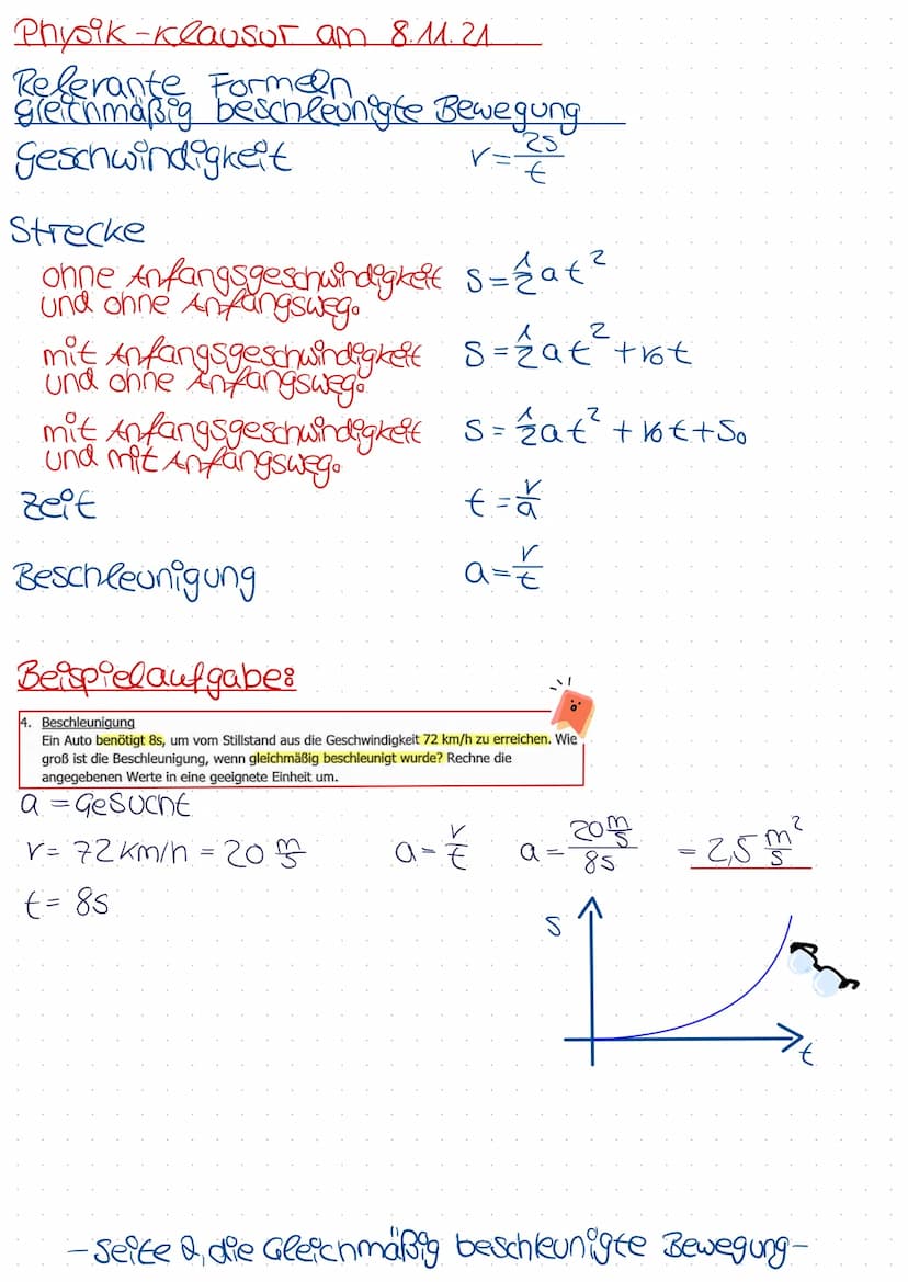 Physik -klausor am 8.11.21.
Relerante Formeln
Gleichförmige Bewegung
Geschwindigkeit
Strecke
Zeit
Beschleunigung
Umrechnungen
036
83,6
.
S= 
