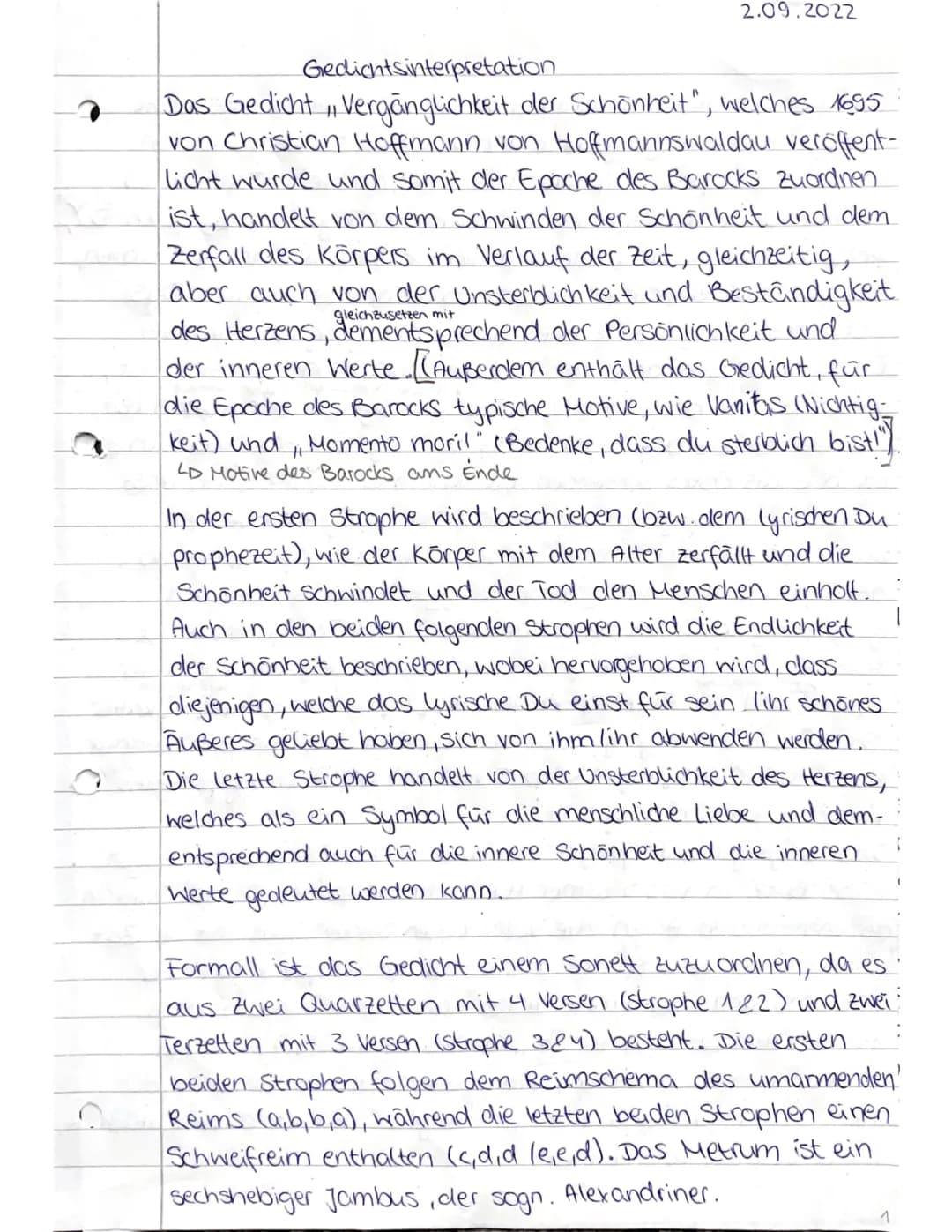 Gedichtsinterpretation Vergänglichkeit der Schönheit