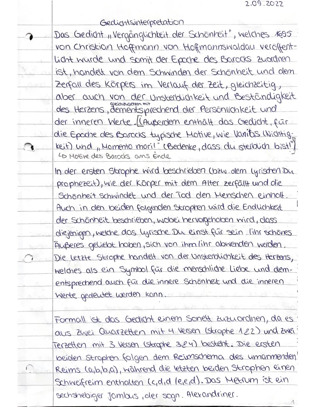 2.09.2022
Gedichtsinterpretation
Das Gedicht, Vergänglichkeit der Schönheit", welches 1695
von Christian Hoffmann von Hoffmannswaldau veröff