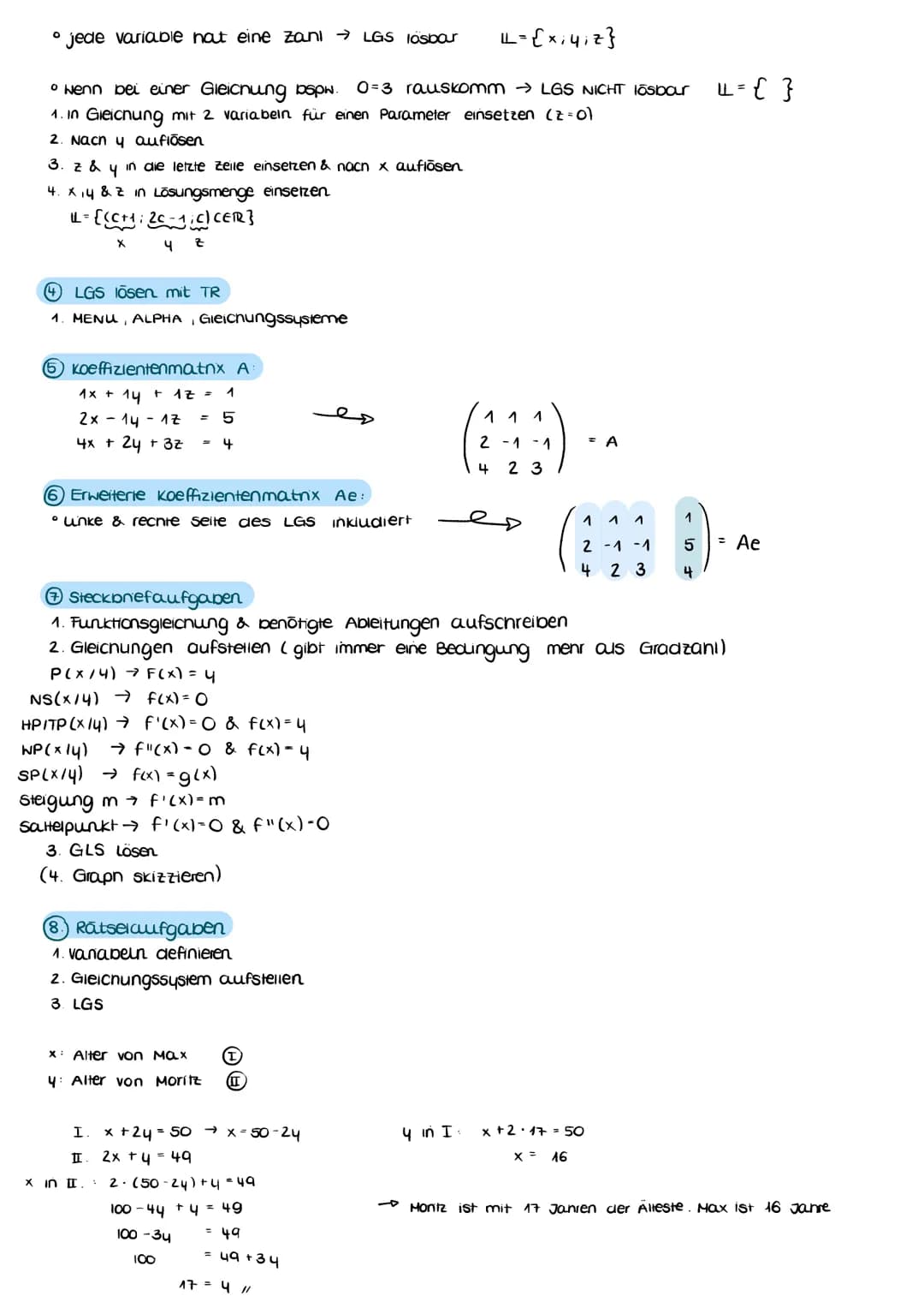 Q2 ANALYTISCHE GEOMETRIE
1 Grundlegende LGS:
• bestehen aus einer Anzani linearer Gleichungen
I 3x + 24 - 2z = 1
II 2x + 34 +
2z = 14
linke 