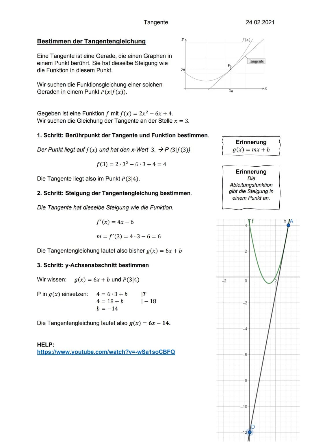 Tangente
Bestimmen der Tangentengleichung
Eine Tangente ist eine Gerade, die einen Graphen in
einem Punkt berührt. Sie hat dieselbe Steigung