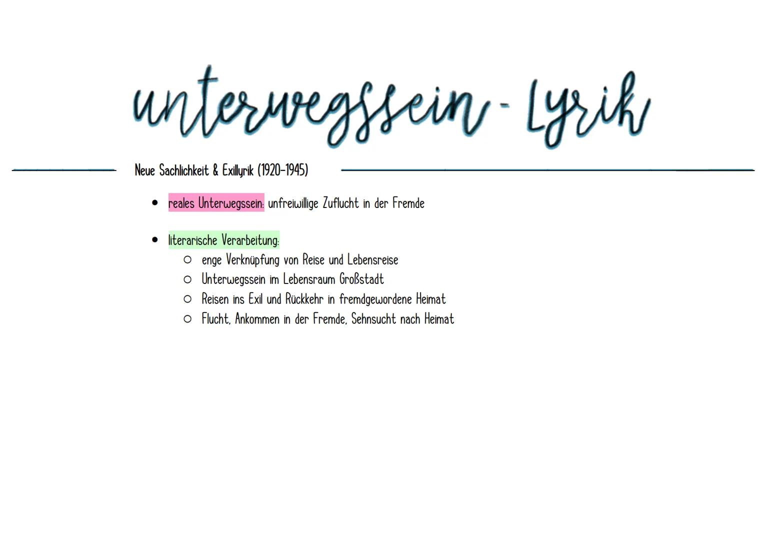 unterwegssein
Motive des "Unterwegs sein"
✓ Sehnsucht, Fernweh, Heimweh
✓ Auswanderung. Flucht & Exil
✓ Zug- & Autofahrten
✓ Wanderschaft, S