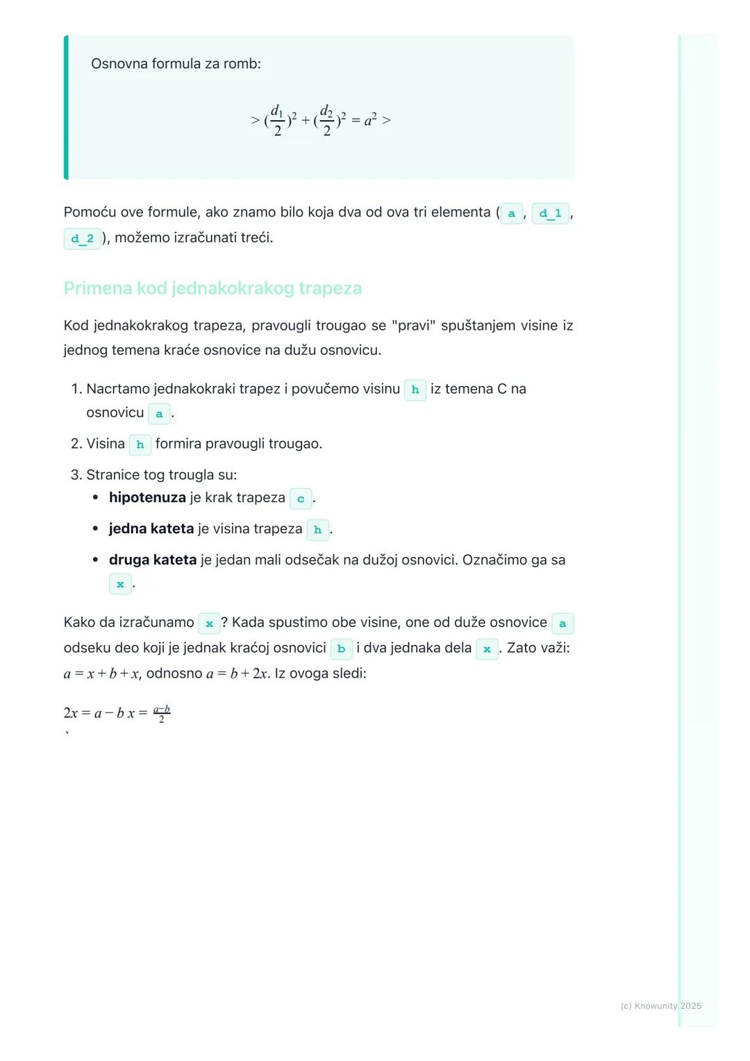 # Primena Pitagorine teoreme u
rombu i trapezu

Primena Pitagorine teoreme: Romb i trapez

Pitagorina teorema ne služi samo za rešavanje pra