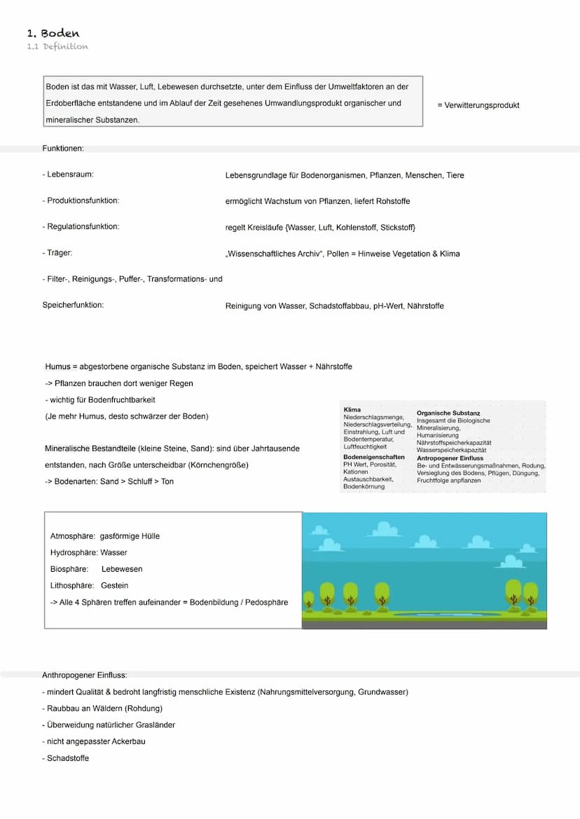 1. Boden
1.1 Definition
Boden ist das mit Wasser, Luft, Lebewesen durchsetzte, unter dem Einfluss der Umweltfaktoren an der
Erdoberfläche en