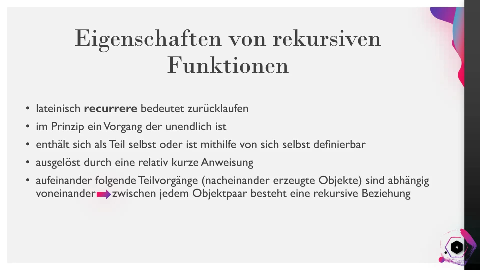 Rekursive
Funktionen - Die
Fibonacci-Folge
SALAT ONNE Gliederung
1. Eigenschaften von rekursiven Funktionen
2. Funktionsprinzip der Fibonacc
