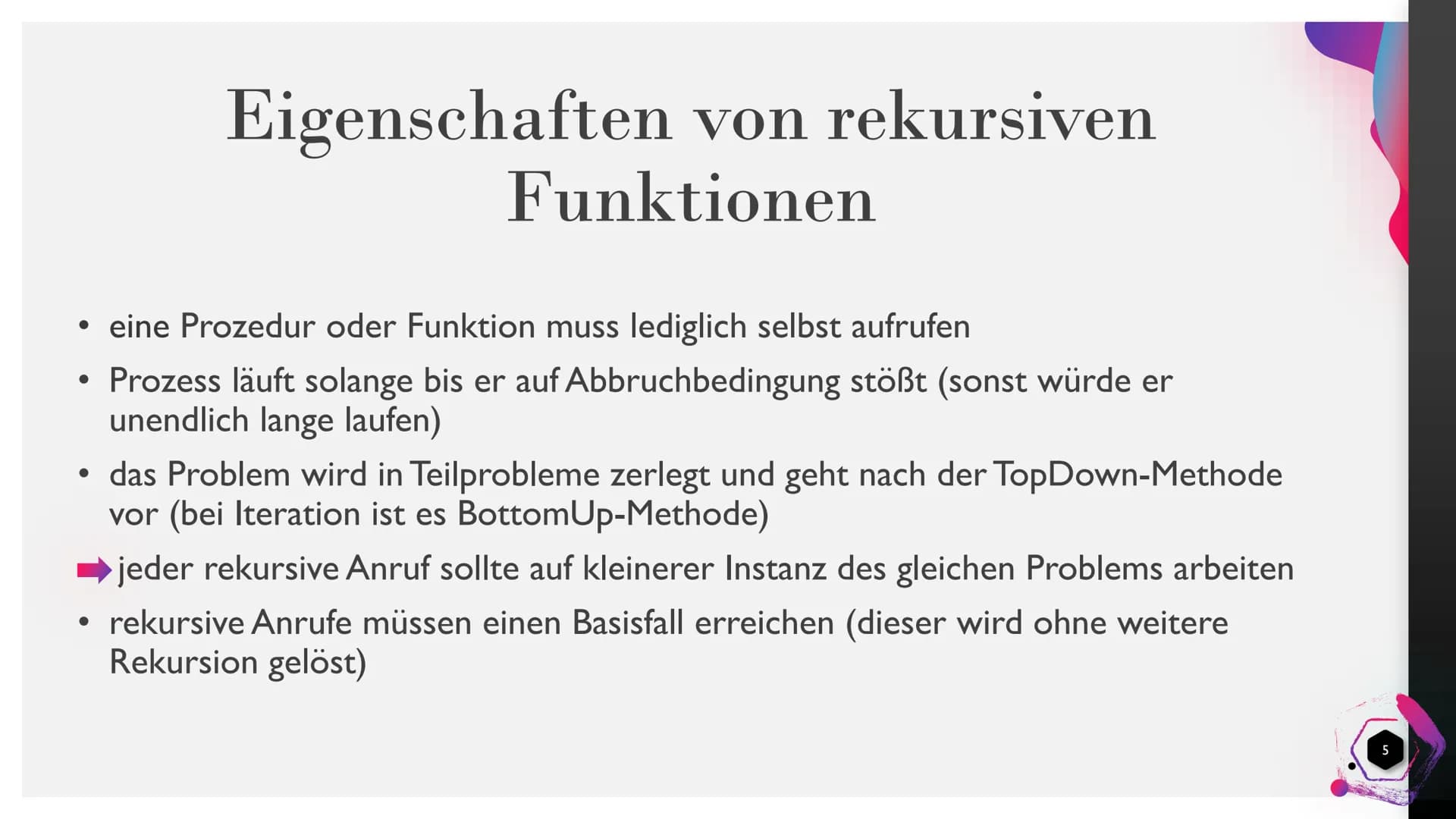 Rekursive
Funktionen - Die
Fibonacci-Folge
SALAT ONNE Gliederung
1. Eigenschaften von rekursiven Funktionen
2. Funktionsprinzip der Fibonacc