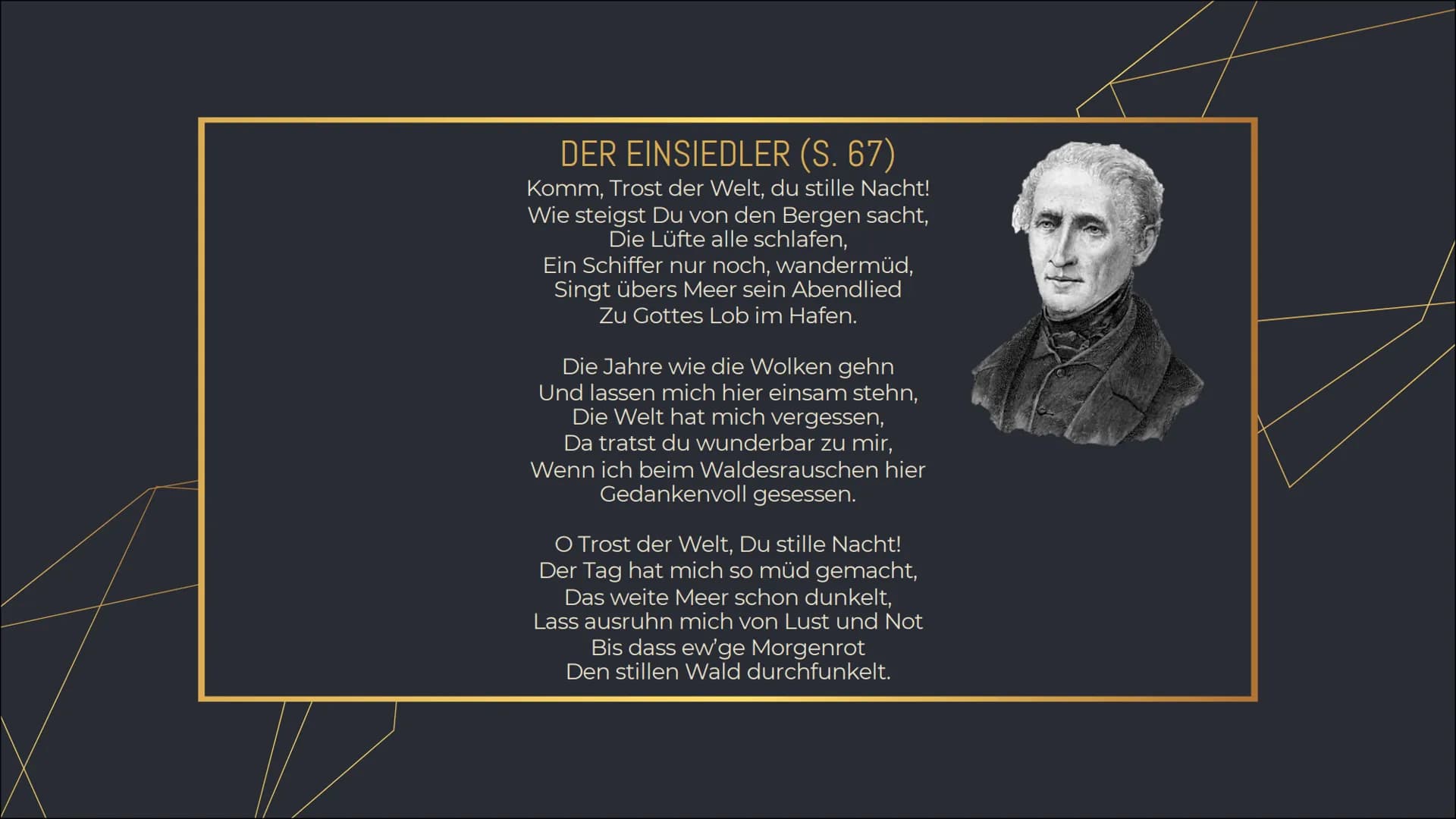 DER
EINSIEDLER
Joseph von Eichendorff INHALTSVERZEICHNIS
1. VORTRAG DES GEDICHTS
2. FORMALE ASPEKTE
3. INHALT
4. FORMANALYSE
5. SPRACHANALYS