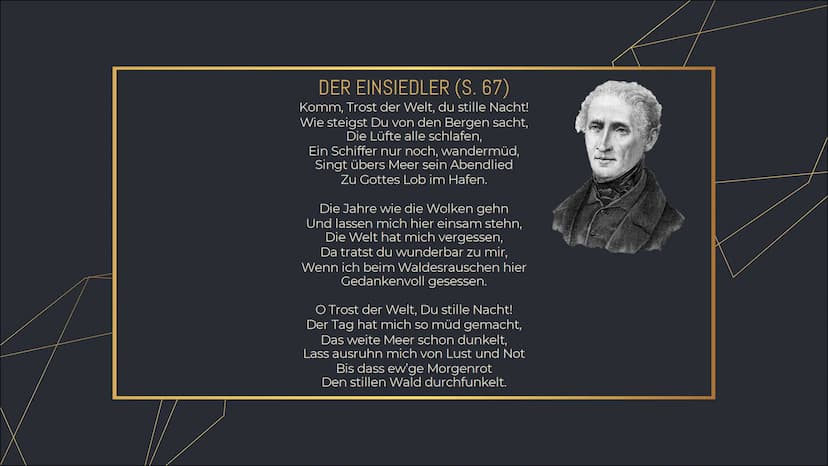 DER
EINSIEDLER
Joseph von Eichendorff INHALTSVERZEICHNIS
1. VORTRAG DES GEDICHTS
2. FORMALE ASPEKTE
3. INHALT
4. FORMANALYSE
5. SPRACHANALYS