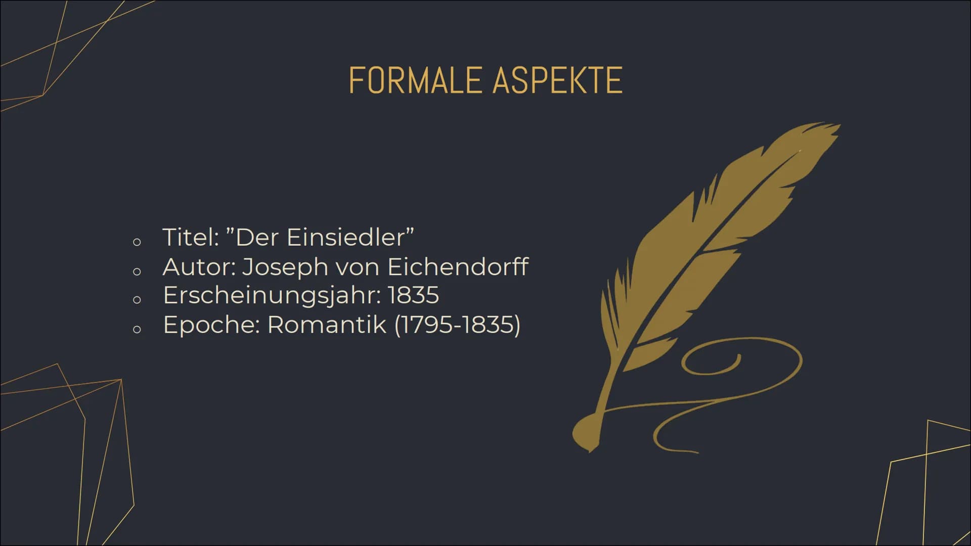 DER
EINSIEDLER
Joseph von Eichendorff INHALTSVERZEICHNIS
1. VORTRAG DES GEDICHTS
2. FORMALE ASPEKTE
3. INHALT
4. FORMANALYSE
5. SPRACHANALYS