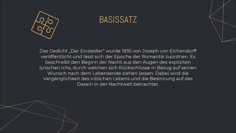 DER
EINSIEDLER
Joseph von Eichendorff INHALTSVERZEICHNIS
1. VORTRAG DES GEDICHTS
2. FORMALE ASPEKTE
3. INHALT
4. FORMANALYSE
5. SPRACHANALYS