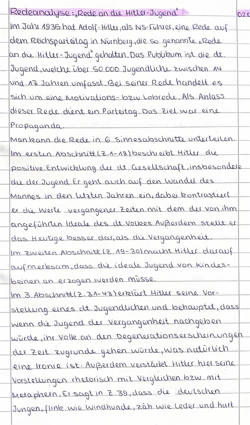 Redeanalyse: Rede an die Hitler-Jugend"
im Jahr 1935 hat Adolf Hitler, als NS-Führer, eine Rede auf
dem Reichsparteitag in Nürnberg, die so 