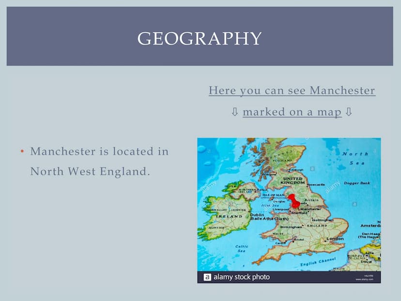 MANCHESTER
Leonie's English presentation ●
●
●
About Manchester
●
Geography
Culture
●
• Sights
Food
STRUCTURE ●
●
●
●
●
ABOUT MANCHESTER
Sin