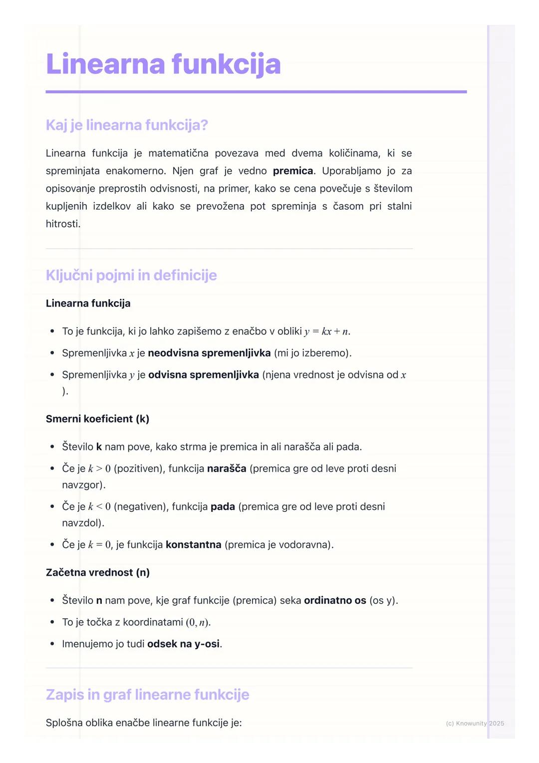 # Linearna funkcija

Kaj je linearna funkcija?

Linearna funkcija je matematična povezava med dvema količinama, ki se
spreminjata enakomerno