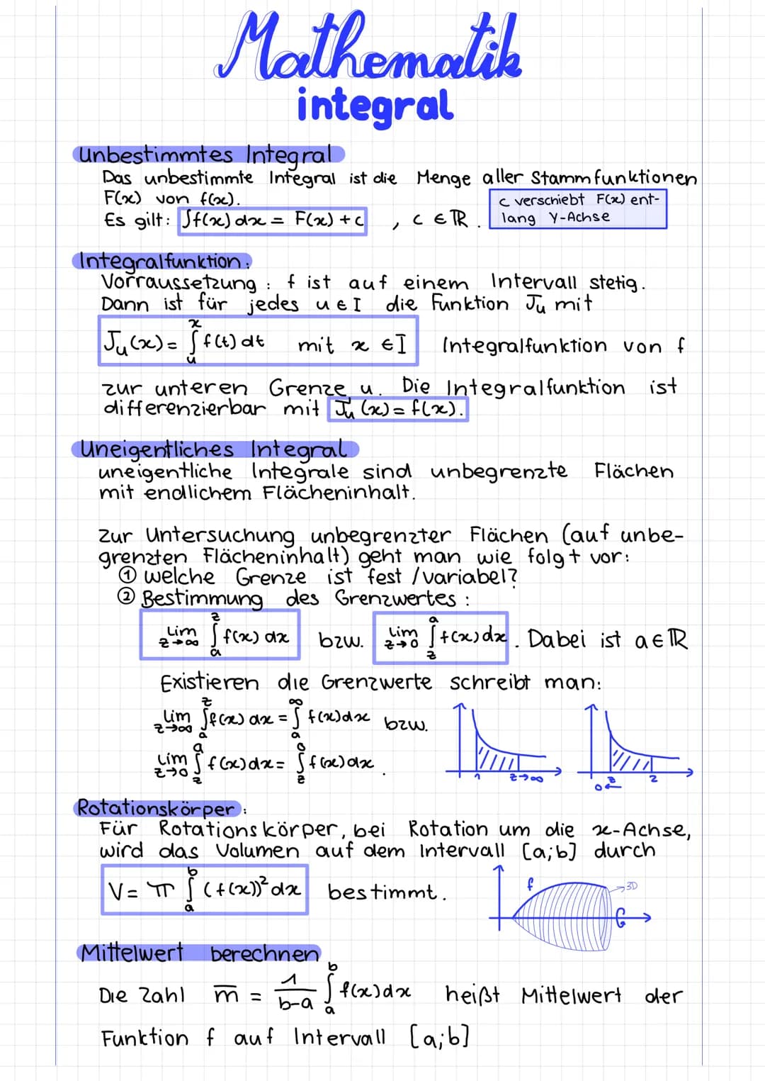 Integral:
f ist eine stetige Funktion auf einem Intervall [a,b], n die
Anzahl der Teilintervalle und Un bzw. On die entsprechen-
den Unter- 
