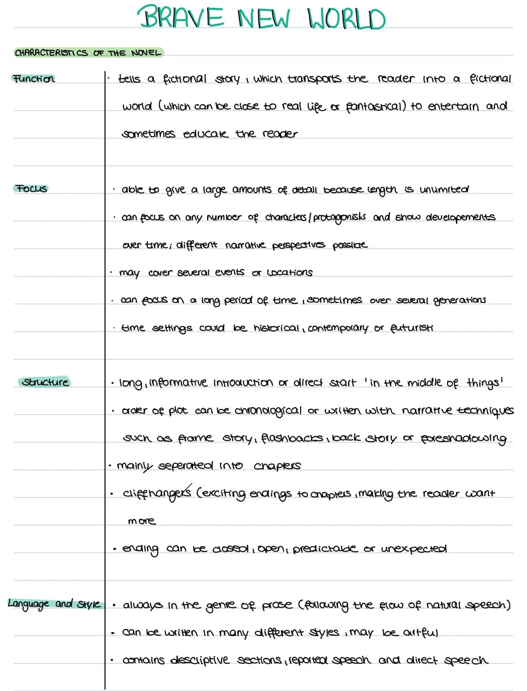 CHARACTERISTICS OF THE NOVEL
Function
Focus
Structure
Language and Style
BRAVE NEW WORLD
tells a fictional story which transports the reader