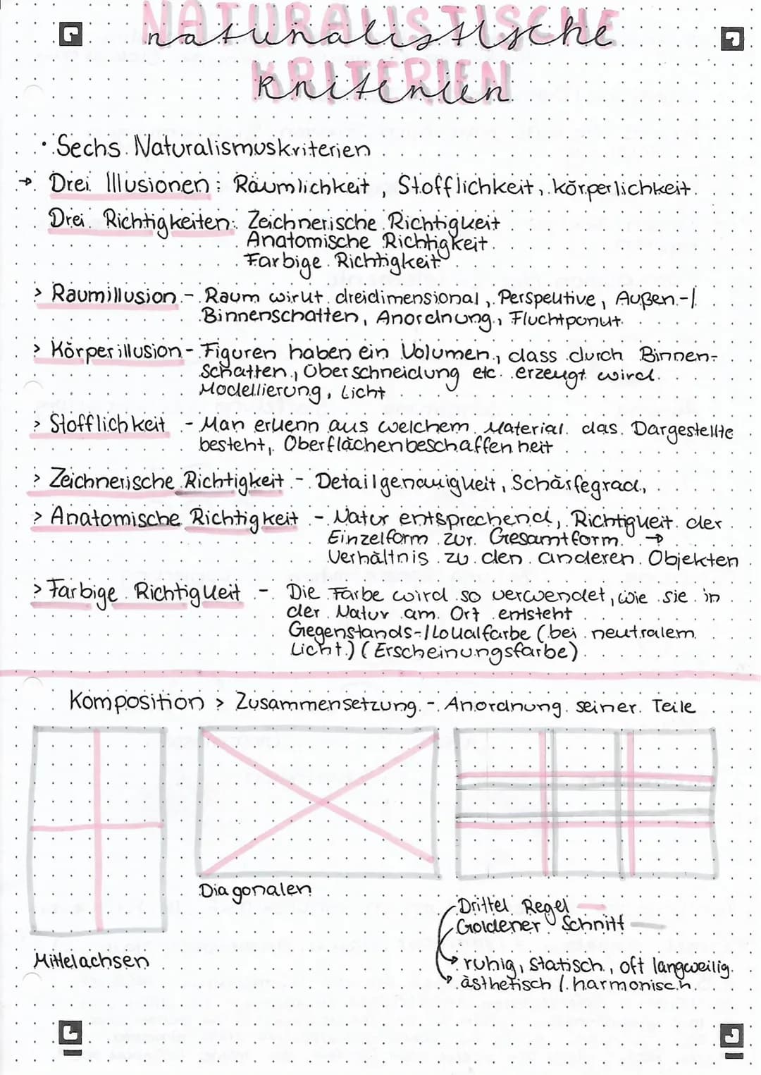 natunalistische
knizinlen
Sechs Naturalismuskriterien
→ Drei Illusionen Räumlichkeit, Stofflichkeit, körperlichkeit.
Drei Richtigkeiten: Zei
