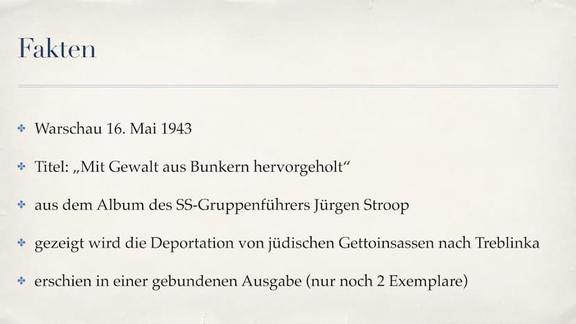 Analyse-Der Junge aus dem Warschauer Getto Fakten
Warschau 16. Mai 1943
* Titel: ,,Mit Gewalt aus Bunkern hervorgeholt"
* aus dem Album des 