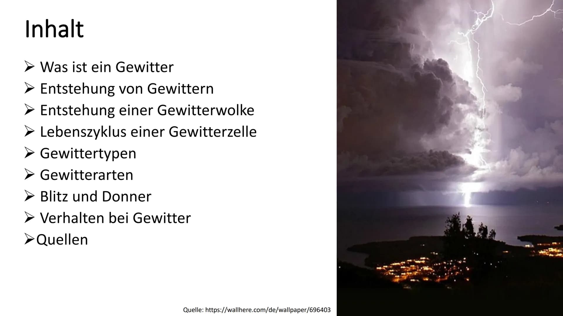 Gewitter
GFS Physik von ...,
Klasse 8b Willkommen zu meiner GFS zu Gewitter.
Inhalt
Was ist ein Gewitter
Entstehung von Gewittern
Entstehung