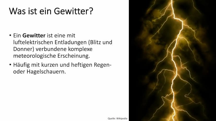 Gewitter
GFS Physik von ...,
Klasse 8b Willkommen zu meiner GFS zu Gewitter.
Inhalt
Was ist ein Gewitter
Entstehung von Gewittern
Entstehung