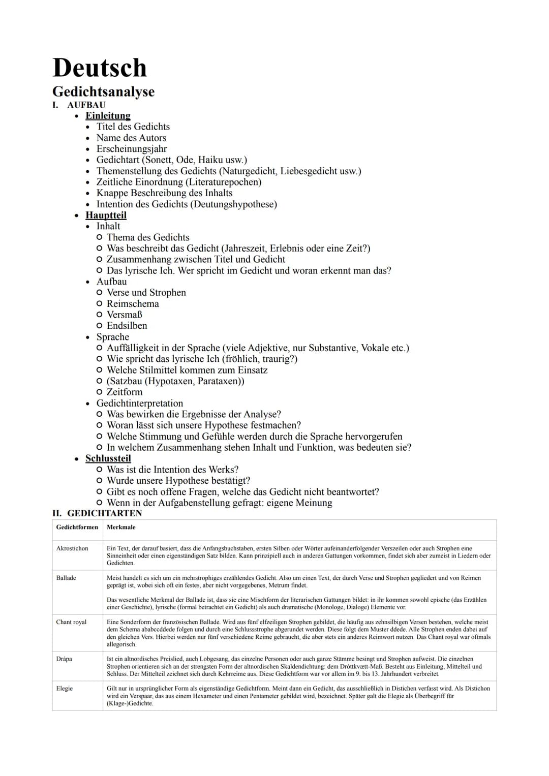 Deutsch
Gedichtsanalyse
I. AUFBAU
Einleitung
• Titel des Gedichts
Name des Autors
Erscheinungsjahr
Gedichtart (Sonett, Ode, Haiku usw.)
●
Th