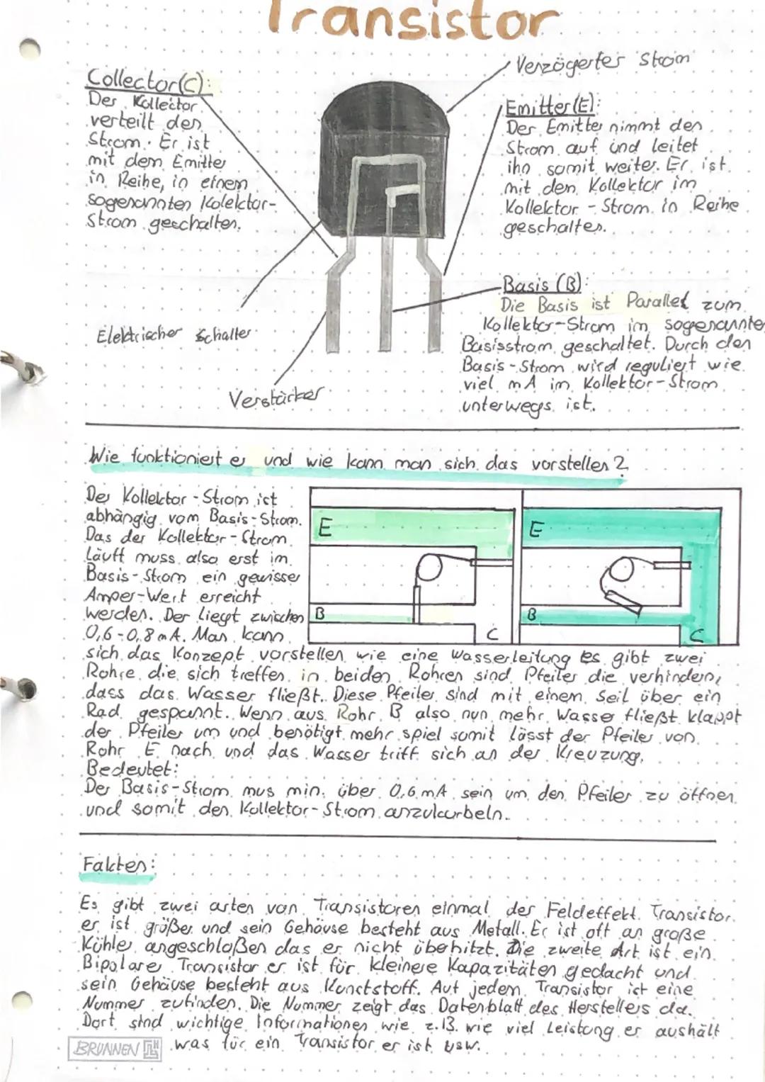# Transistor

Collector(C):
Der Kollector
verteilt der
Strom. Er ist
mit dem Emitte
in Reihe, in einem
sogenannten Kolektor-
Strom geschalte