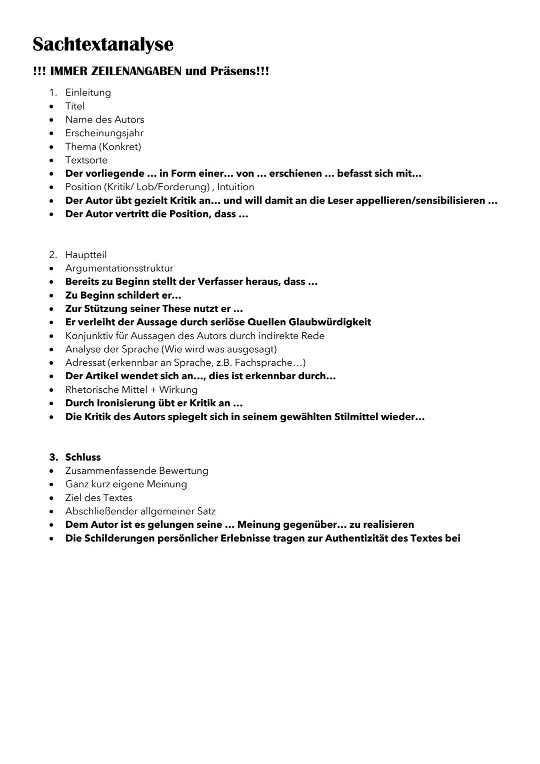 # Sachtextanalyse

!!! IMMER ZEILENANGABEN und Präsens!!!

1. Einleitung
- Titel
- Name des Autors
- Erscheinungsjahr
- Thema (Konkret)
- Te