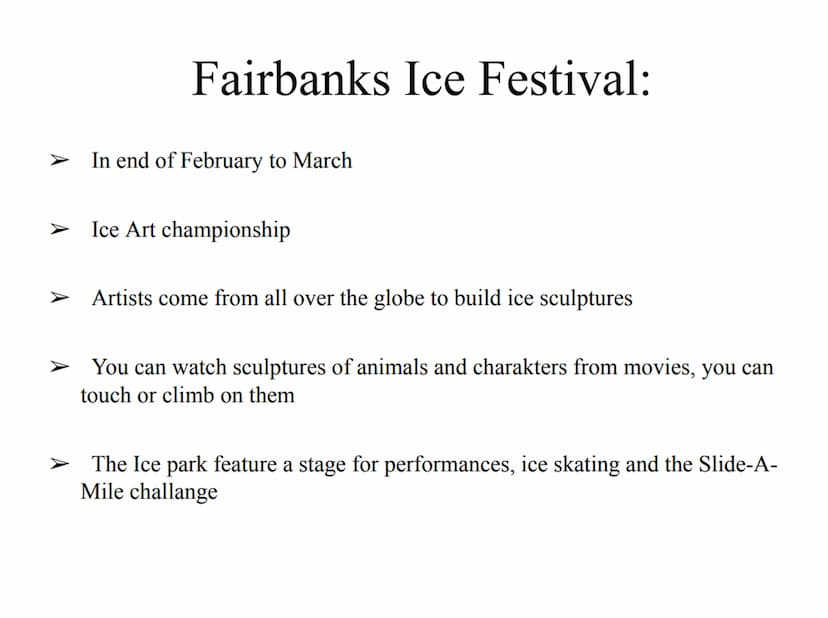 ALASKA Tabel of content:
General information:
➤ Geography
Flag
Climate
State symbols
➤ Industry and fishing
➤ Government
➤ Fairbanks
Ice Art