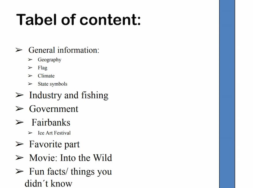 ALASKA Tabel of content:
General information:
➤ Geography
Flag
Climate
State symbols
➤ Industry and fishing
➤ Government
➤ Fairbanks
Ice Art