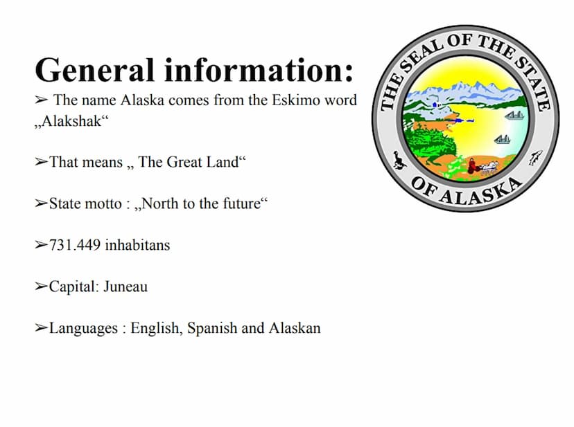 ALASKA Tabel of content:
General information:
➤ Geography
Flag
Climate
State symbols
➤ Industry and fishing
➤ Government
➤ Fairbanks
Ice Art