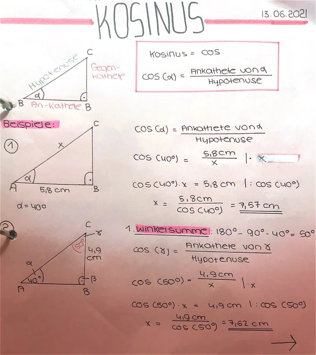 Hypotenuse
व
Beispiele:
a
B An-Kathete B
e
5,8 cm
d = 400
с
(400)
с
KOSINUS
Gegen-
kathete
B
४
4,9
cm
•ß
Kosinus = COS
COS (X) =
COS (400)
C