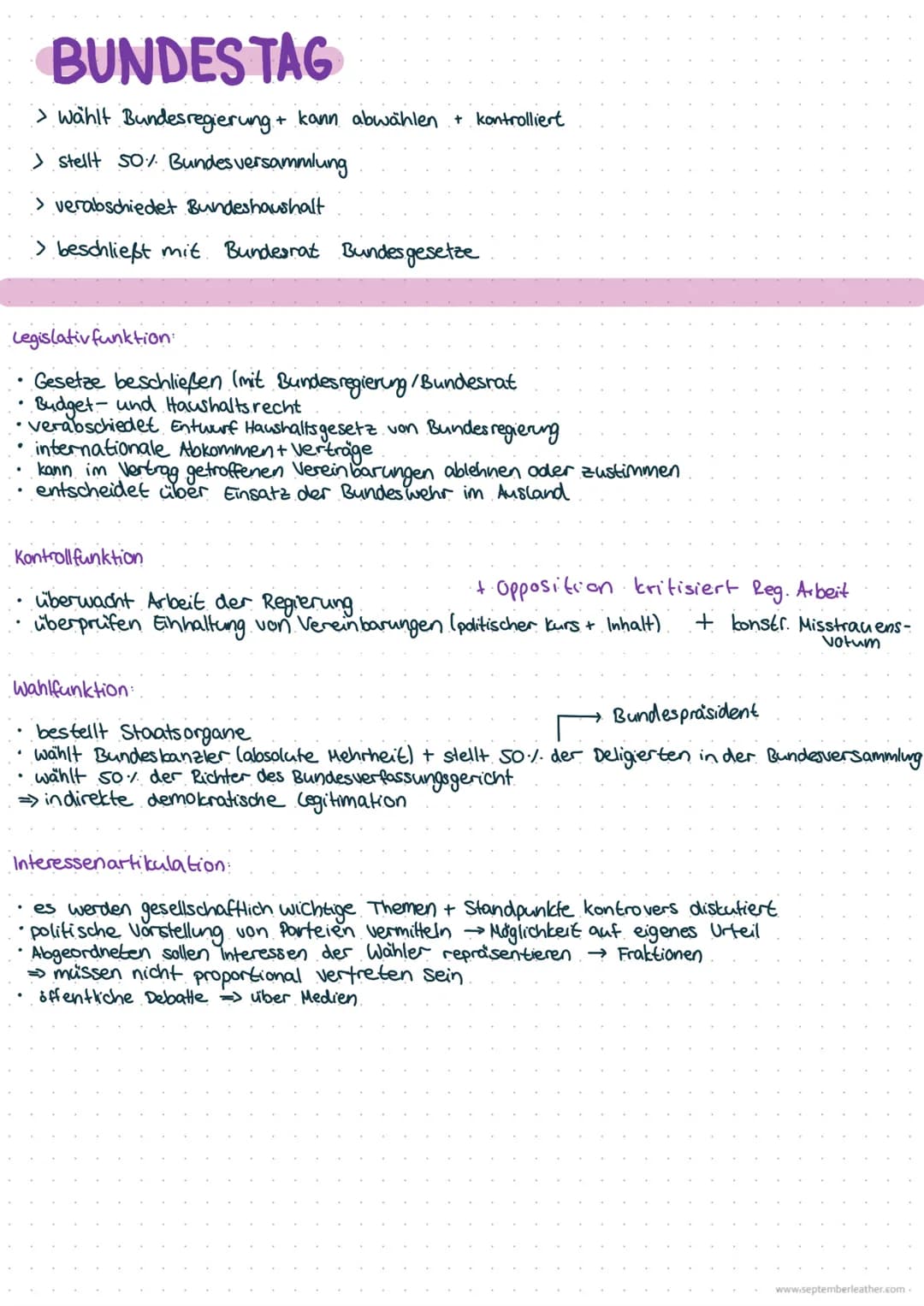 BUNDESTAG
> Wählt Bundesregierung + kann abwählen + kontrolliert
> stellt 50% Bundesversammlung
> verabschiedet Bundeshaushalt
> beschließt 