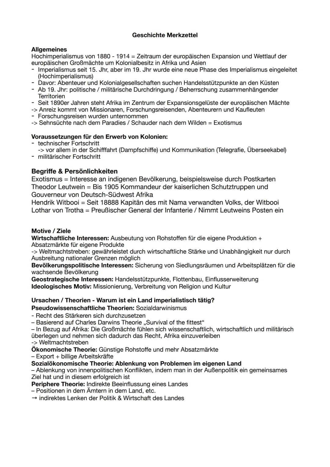 Geschichte Merkzettel
Allgemeines
Hochimperialismus von 1880 - 1914 = Zeitraum der europäischen Expansion und Wettlauf der
europäischen Groß