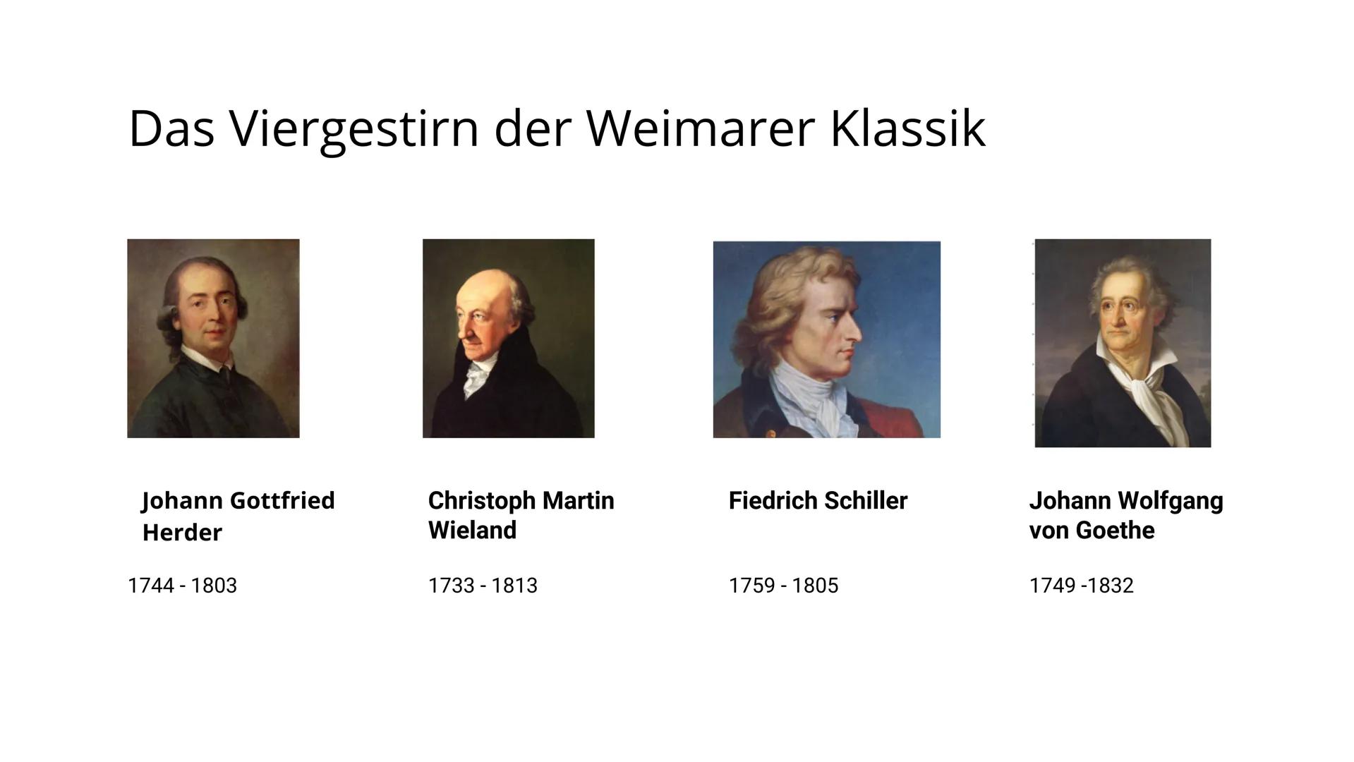 Weimarer
Klassik
von Anna und Linda Gliederung
- Was ist die Weimarer Klassik?
- Zeitliche Einordnung
- Das Viergestirn der Weimarer Klassik
