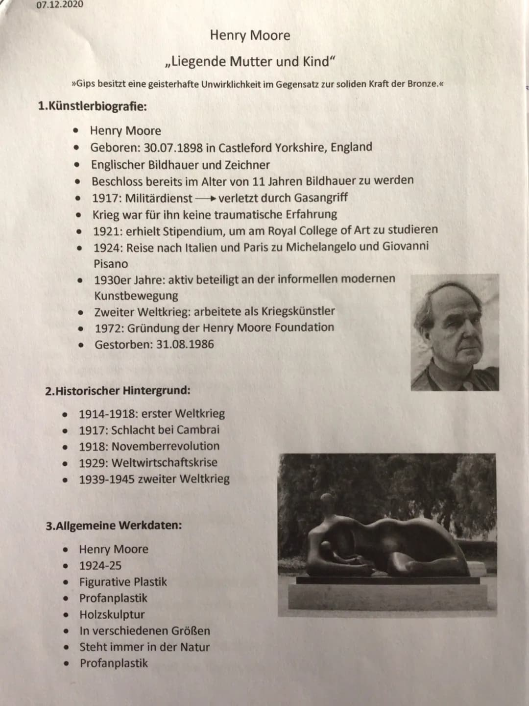 07.12.2020
Henry Moore
,,Liegende Mutter und Kind"
>>Gips besitzt eine geisterhafte Unwirklichkeit im Gegensatz zur soliden Kraft der Bronze