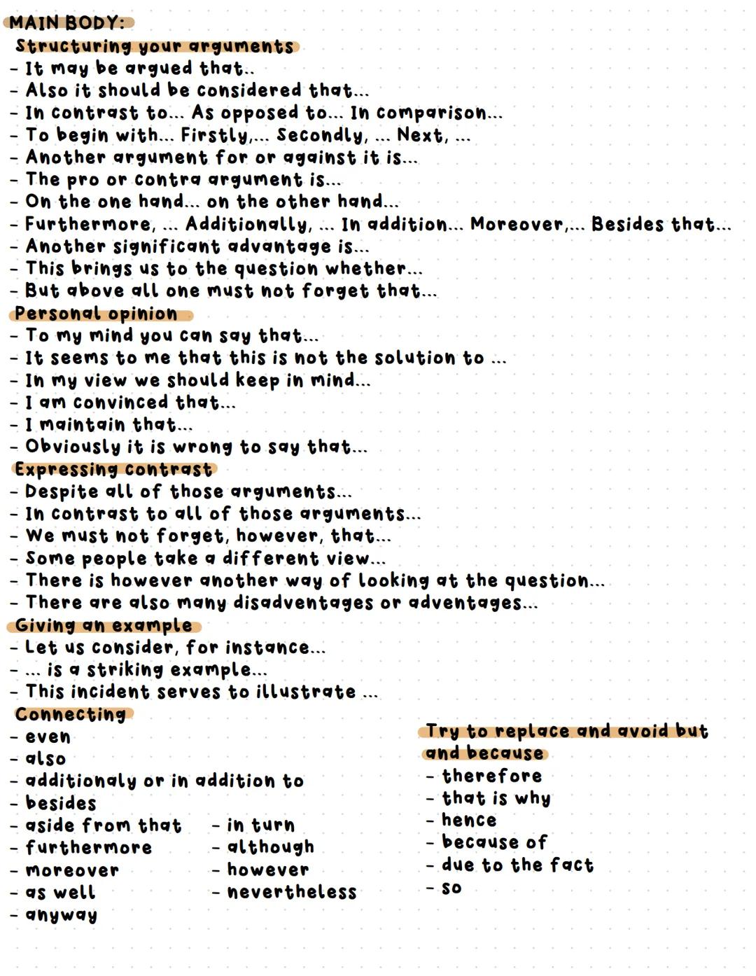 USEFUL PHRASES FOR AN ESSAY
INTRODUCTION:
- It is often claimed that...
It is a commonplace that ...
-...So the question arises whether...
I