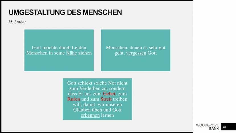 Artur Avetisian
THEODIZEE AGENDA
●
●
●
●
Umgestaltung des Menschen: spirituelles
Wachstum (Luther)
• Biblische Hinweise auf das Gottes Ziel
